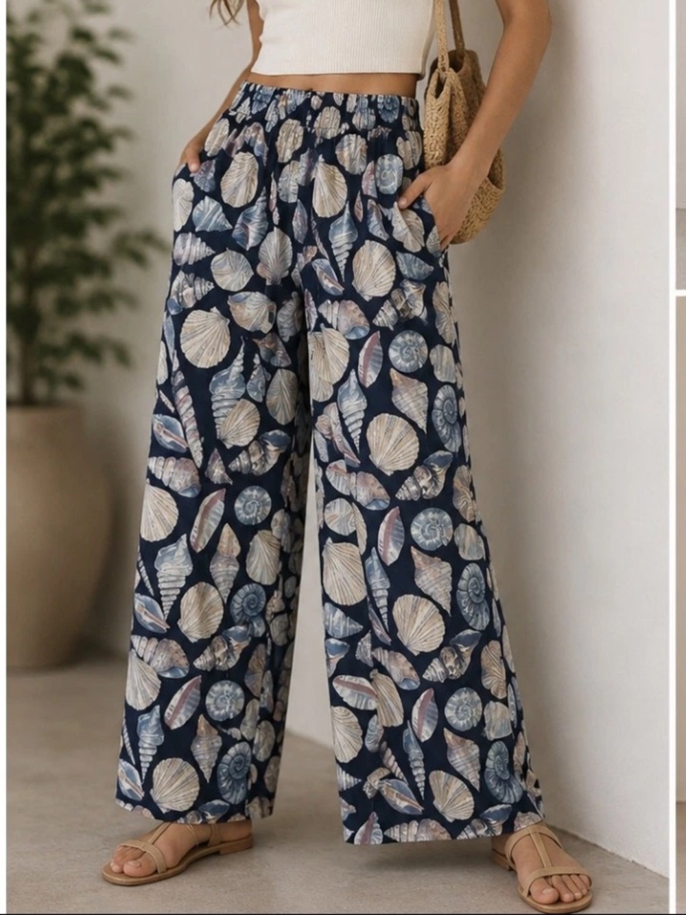 Calypso St. Barth Navy Seashell Linen Wide Leg Pants Small NWT Resortwear